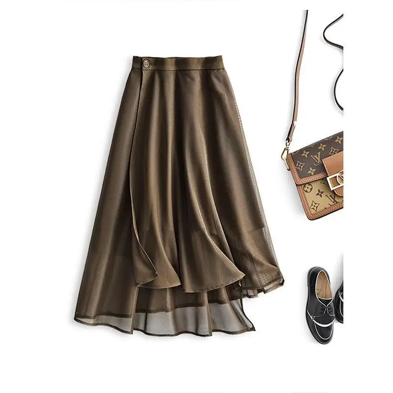 Fashion Summer Cool Thin Mesh Irregular Hem Women's Personality Half Skirt New Button Simple Versatile Classic Lady Skirt