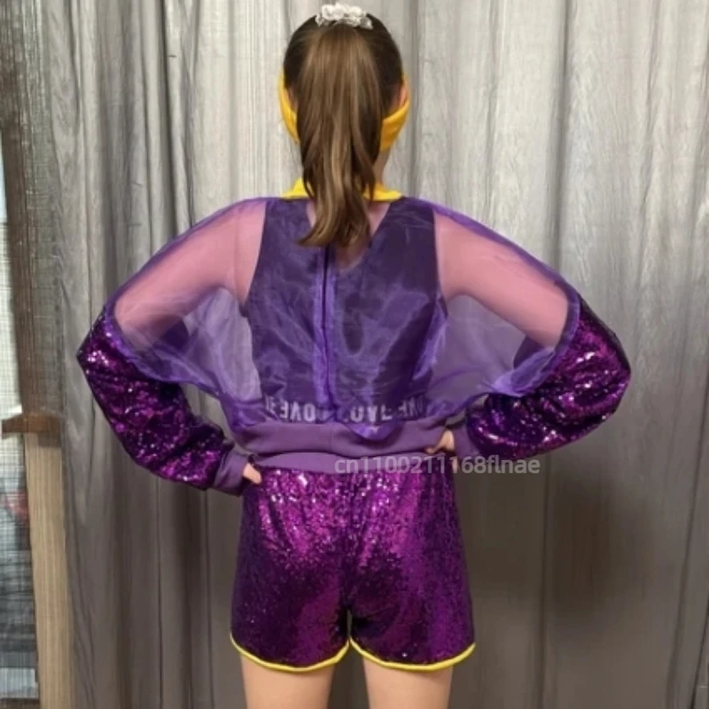 Traje de baile de Jazz para niña, versión coreana, traje de baile callejero de Hip-hop para niños con traje de actuación de lentejuelas con ombligo expuesto