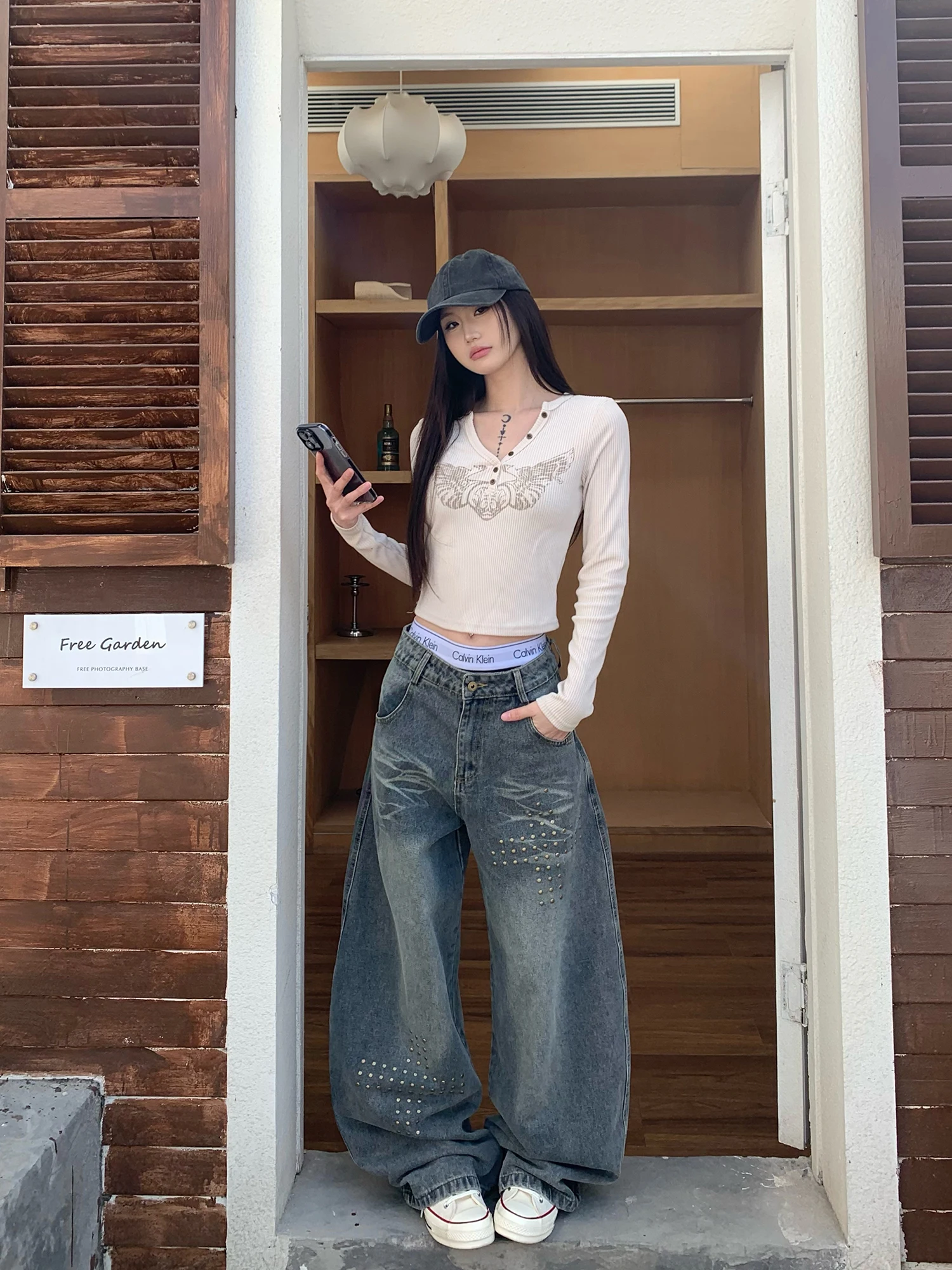 

Wild Aziz American Retro Rivet Waed Loose Straight Leg Jeans Men's Wide Leg Trendy Trousers Street Sle l Waist