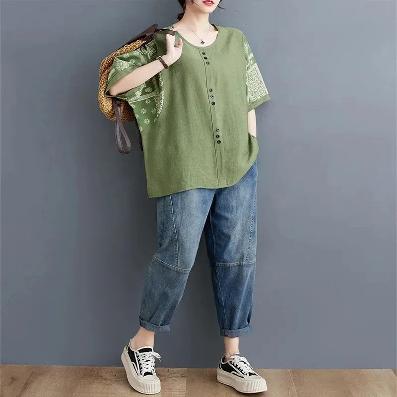 Women's Cotton Linen Loose Pullover T Shirt Western Style Summer Top Slimming 5/4 Sleeve Printed Casual Fashion for Plus Size