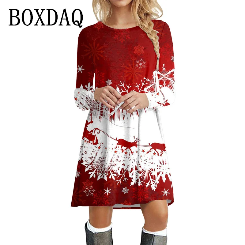 Women's Christmas Dress Casual Christmas Snowman Snowflake Print Mini Dress Fashion Long Sleeve O-neck Autumn Robe Woman Dresses