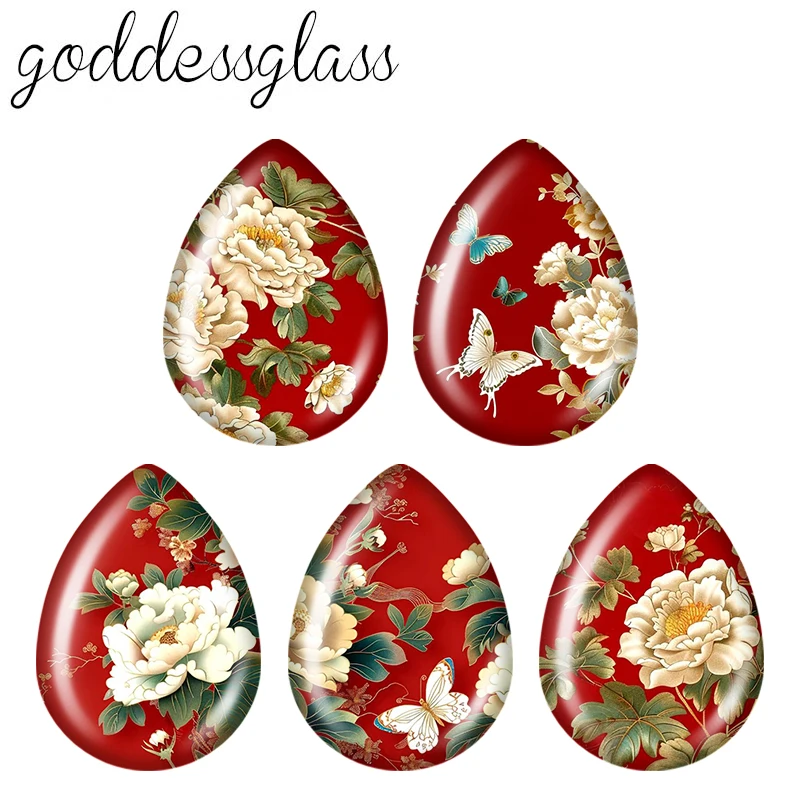 5pairs Beauty Retro Red Style Peony Flower Patterns Tear Drop Glass Cabochon Flat Back DIY Earrings Jewelry Making Findings
