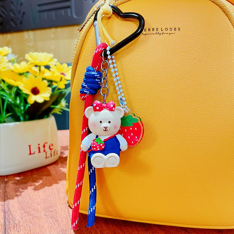 Cartoon Strawberry Bag Bear Doll Pendant Keychain Car Accessories Cute Strawberry Bow Hair Clips Sit Bear Braided Rope Key Chain
