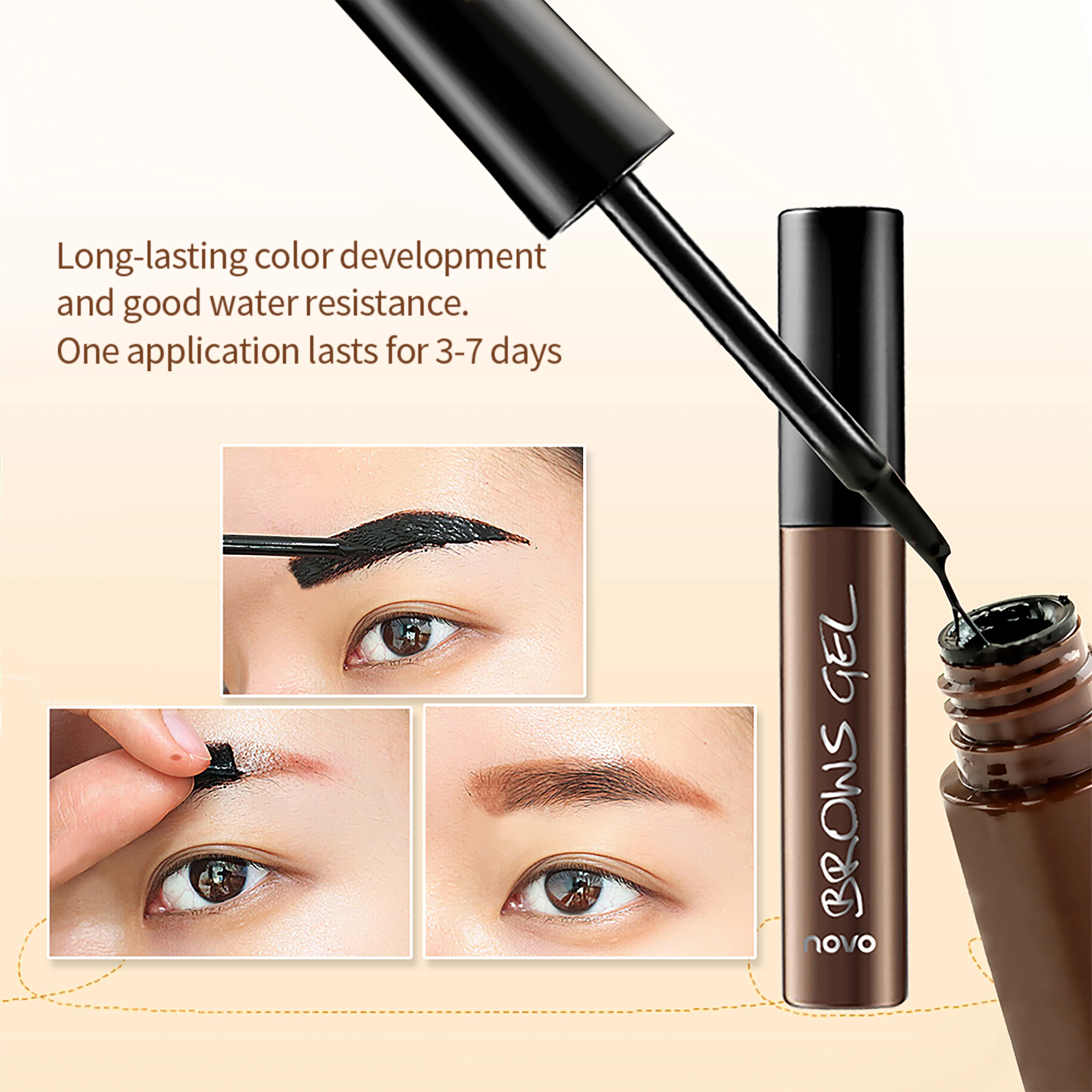 NOVOWasserfeste und schweißbeständige, abziehbare Formel für wischfeste, langlebige Brauen. Mühelose Augenbrauenanwendung.