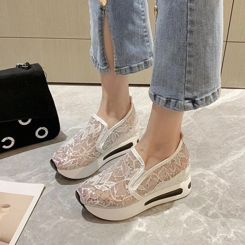 

​Women's Height Increasing Mesh Slip on Sneakers Breathable Spring Summer Sporty Fashion Sequins Shoes for Women​