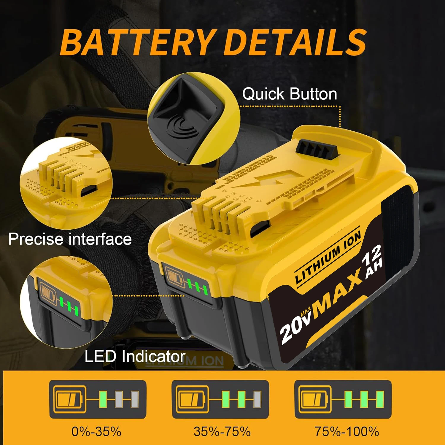 VANON 2Pack DCB205 12.0Ah Replace for Dewalt DCB200 DCB201 DCB204 DCB206 20V Max Li-on Battery Pin Suit for 20V Power Tools