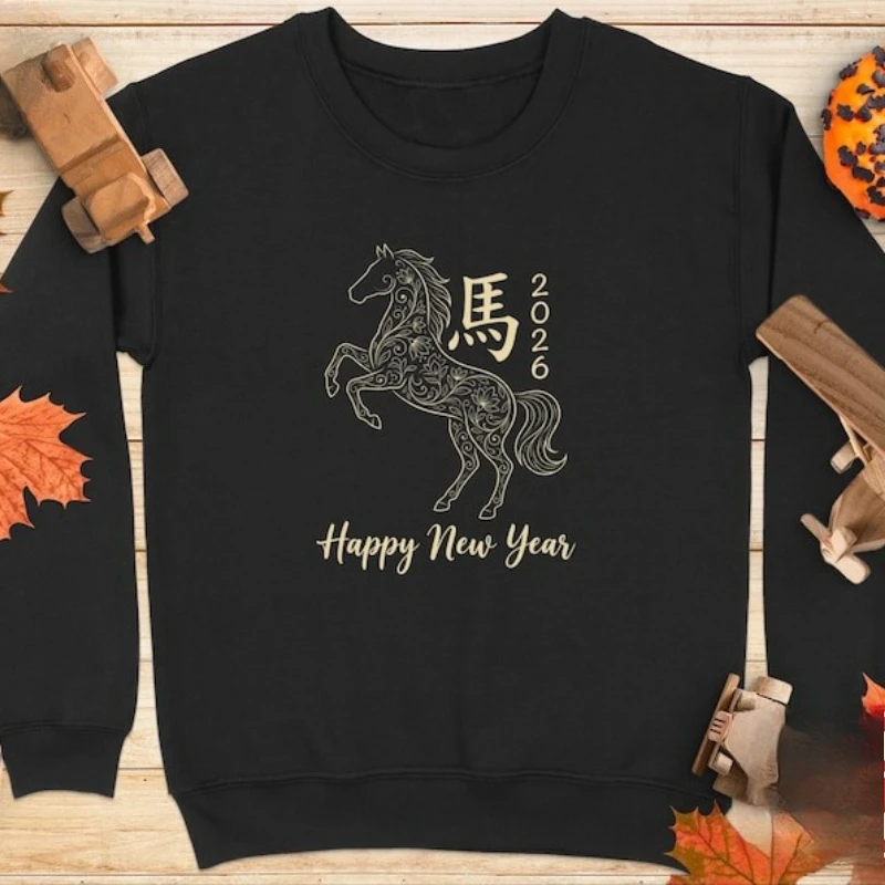 

Пуловер 2026 года лошади, толстовка с китайским зодиаком, винтажная модная толстовка с круглым вырезом и длинными рукавами с цветочным принтом