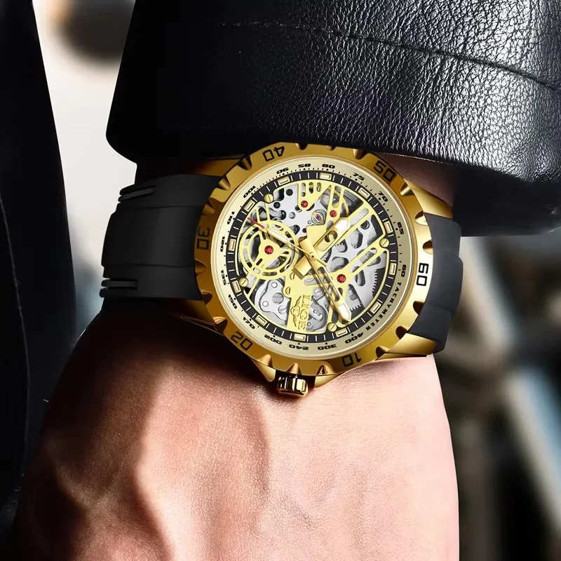 2025 Nowy LIGE Top Marka Luksusowy Hollow Wodoodporny Tourbillon Mechaniczny Automatyczny Zegarek Męski Silikonowy Szkielet Męskie Zegarki + Pudełko