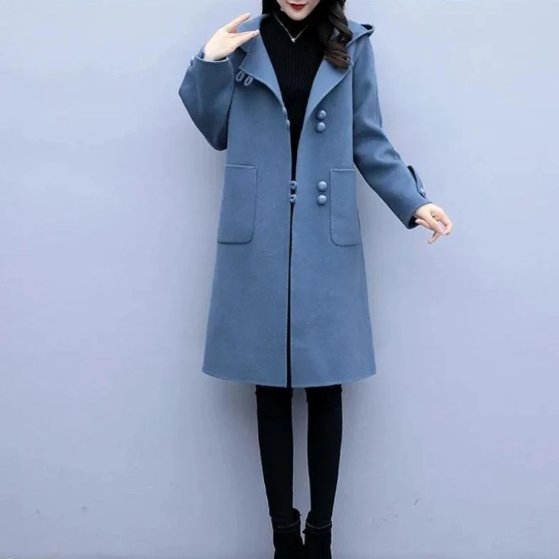 معطف صوفي نسائي 2025 نمط جديد للربيع والخريف النسخة الكورية معطف فضفاض مناسب متوسط الطول بقلنسوة تويد عتيق #1