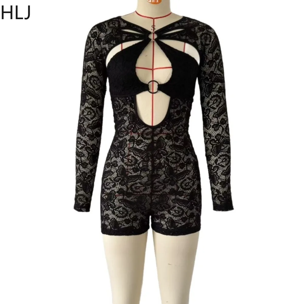 Hlj sexy rendas retalhos bodycon macacão mulher preto oco para fora mangas compridas macacões de uma peça feminino festa clubwear macacão