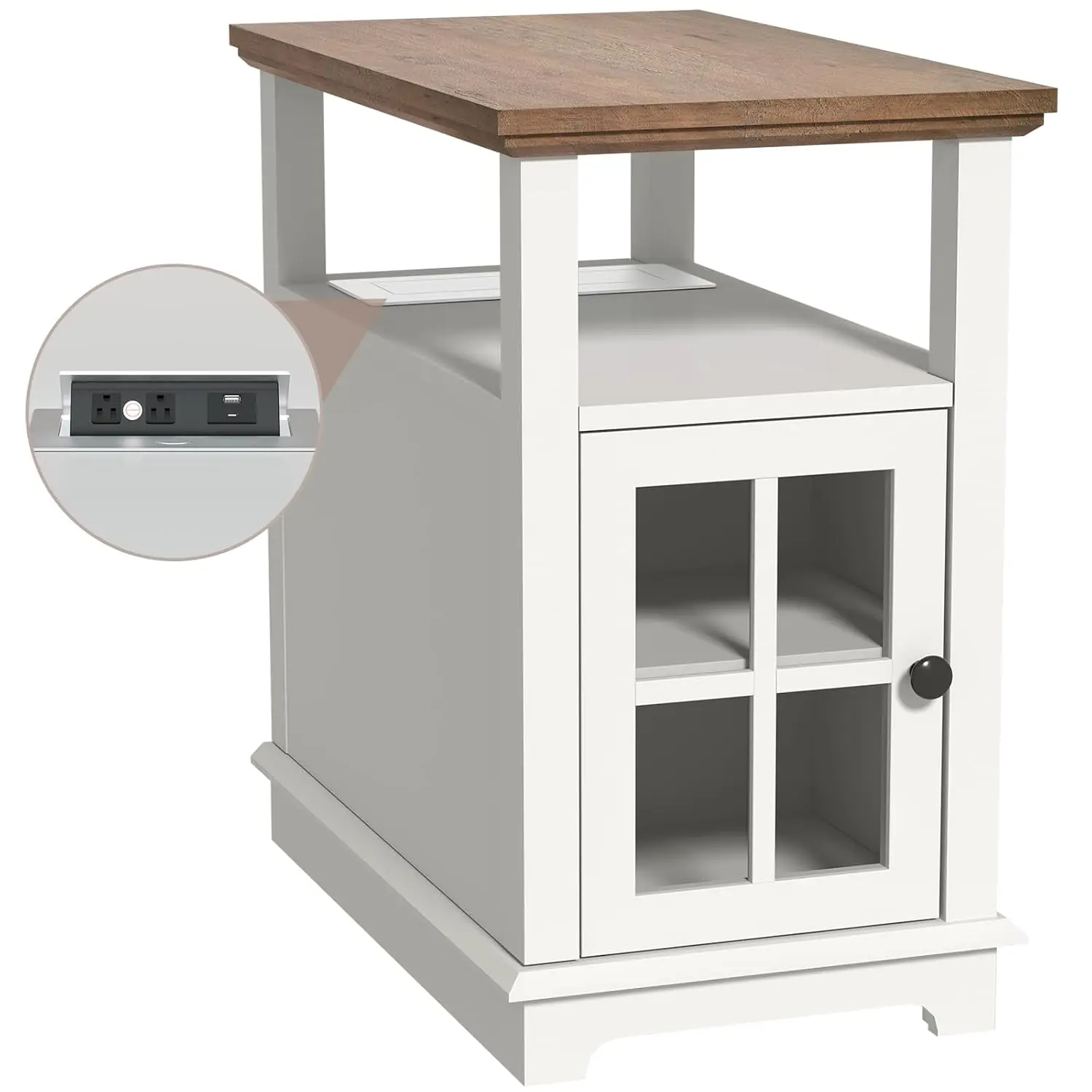 Narrow End Table with Flip Top Charging Station, Storage Side Table, Type-C & USB Port & Adjustable Shelf, White, Customized