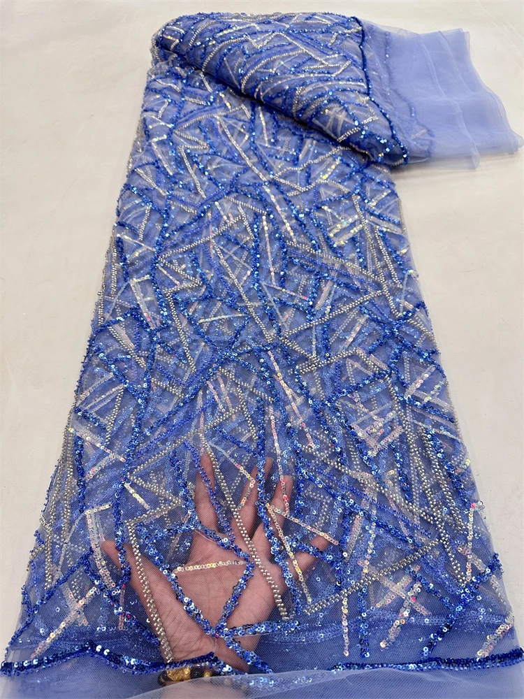 

5Yards African Sequins Beads Lace Fabric High-Quality French Nigerian Lace Material for Women's Party Wear Latest 2025 Design