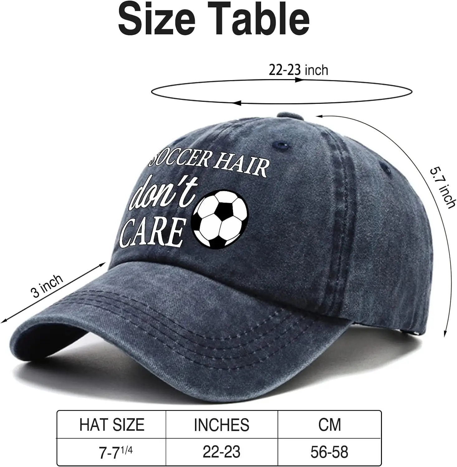 Soccr Hair Don't Care Distressed Washed Blue Baseball Cap, Vintage Adjustable Cotton Cap, Hat Gift for Soccer Lovers