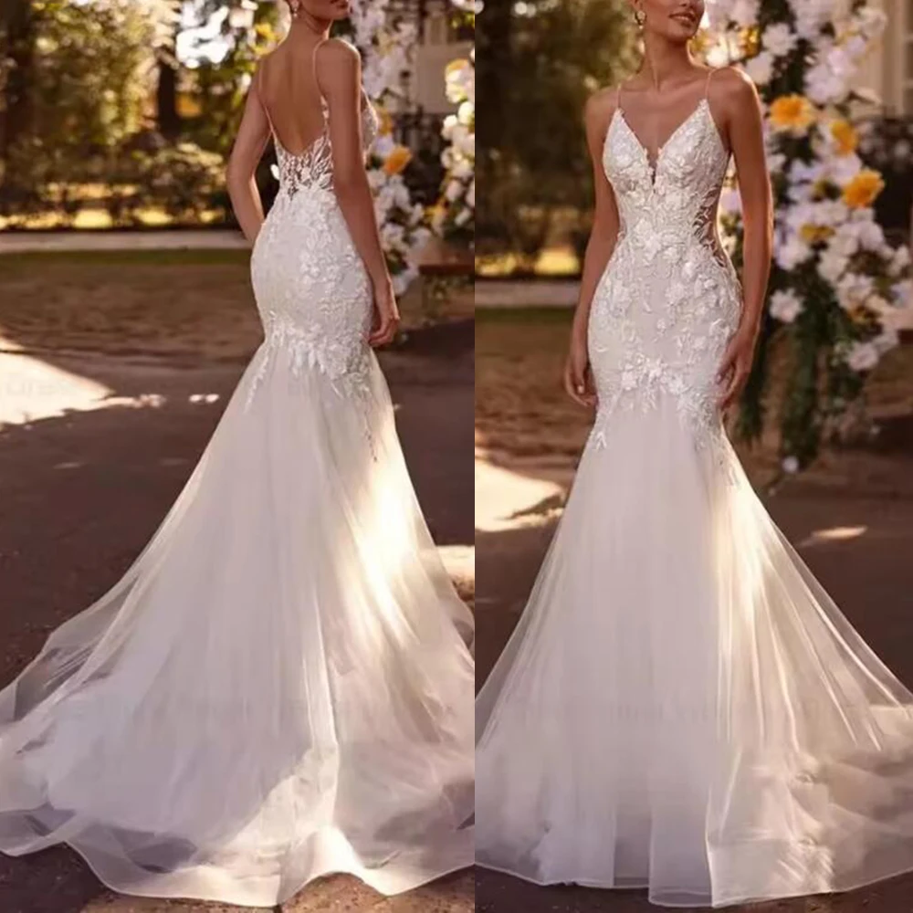 

Elegant Mermaid Wedding Dresses Spaghetti Strap V-Neck Lace Appliques Bridal Gowns Customized Bride Formal Party Backless Attire