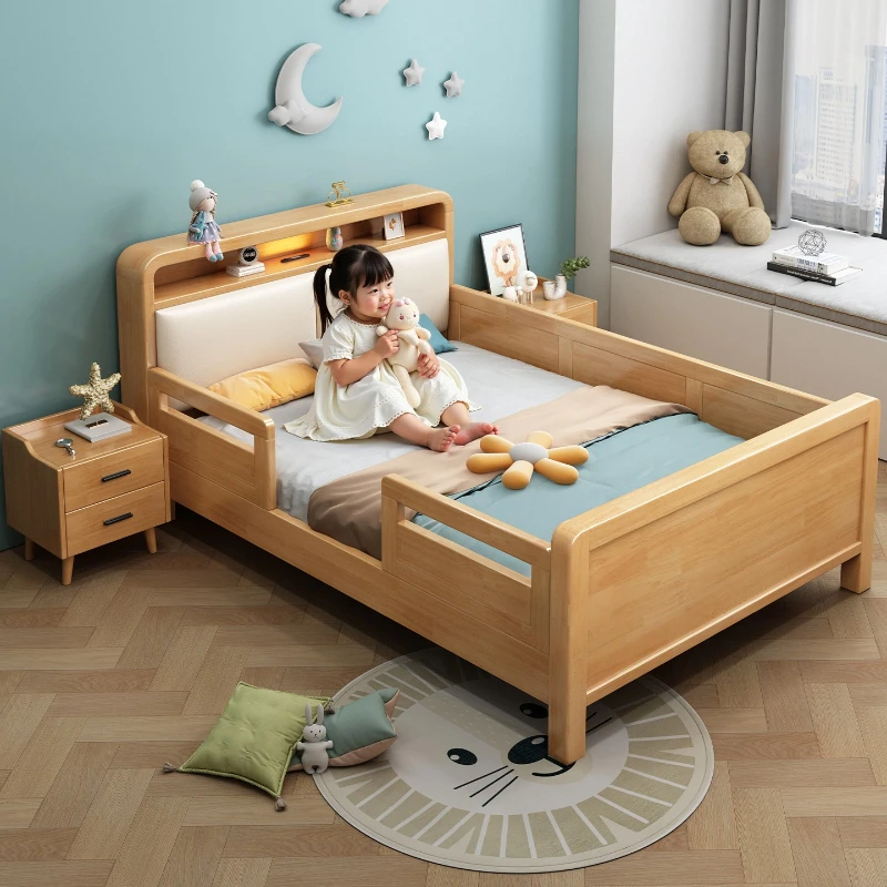 

Nordic solid wood children's bed with guardrail fence teen students boys and girls soft bed 1/1.2/1.5m