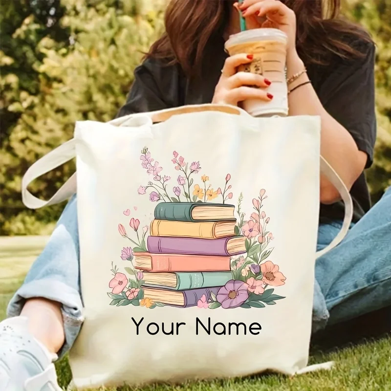 Customized Books and Floral Tote Bags Fashion Personalized with Names Text Made of Durable Large Perfect Gifts for Shopping