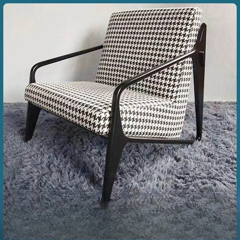 Light luxury simple designer sofa solid wood fabric leisure chair modern single sofa thousand bird grid