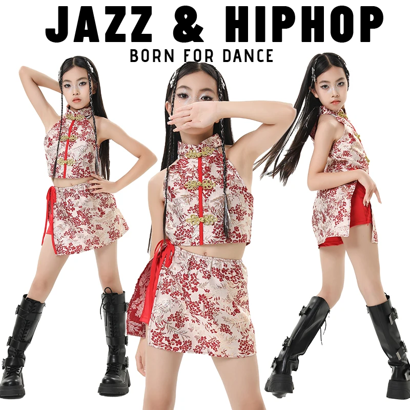 

Красные наряды в китайском стиле для девочек, сценические костюмы для джазовых танцев, детская одежда для бальных танцев в стиле хип-хоп XH3676