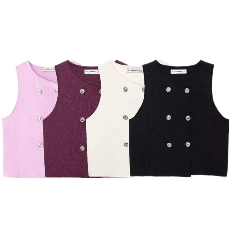 2024 가을 신상 여성 패션 핑크 무지 니트 스웨트 조끼 다용도 스웨트 길이 조절 가능 더블 버튼 클로저