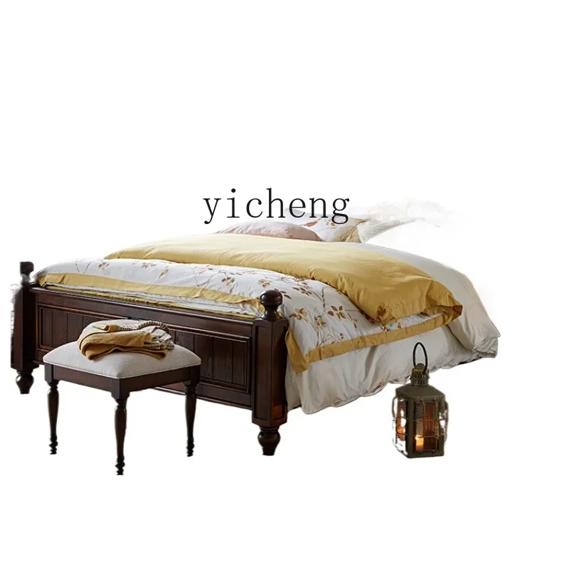 

zzz ZF Solid Wood Master Bedroom Light Luxury Big Bed Vintage Furniture Pillars Bed Bedroom Double Bed