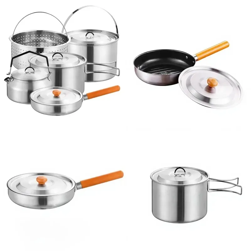 304 Stainless Steel 5 Piece Outdoor Camping Cooking Set Portable Kettle Pot