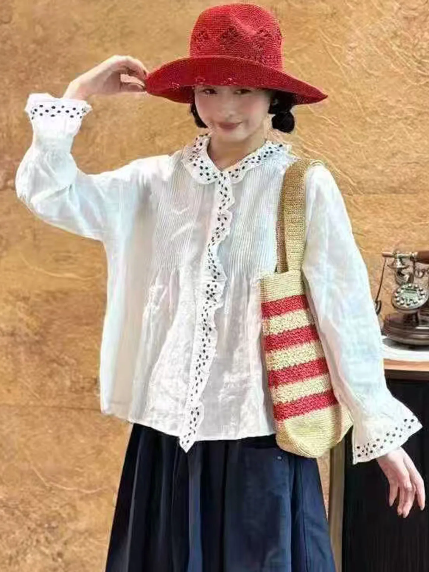 

Весна 2026: Женская свободная блузка из льна с вышивкой и принтом в горошек, дышащая, с длинным рукавом, повседневный топ в художественном стиле