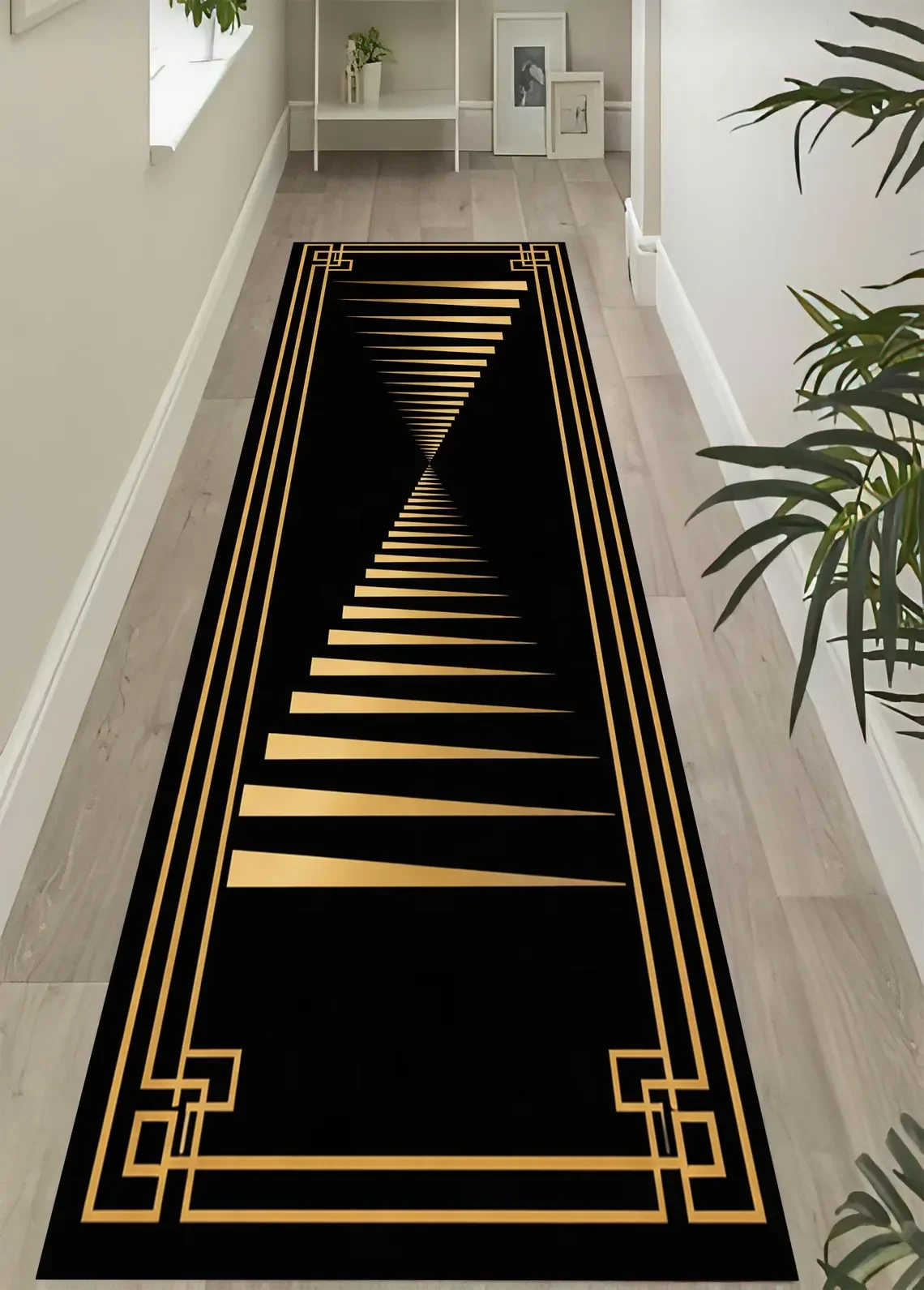Black and Gold Geometric Runner Rug Elegant Meander Border Hallway Rug Carpet Rugs, Washable Mat for Bedroom Entry