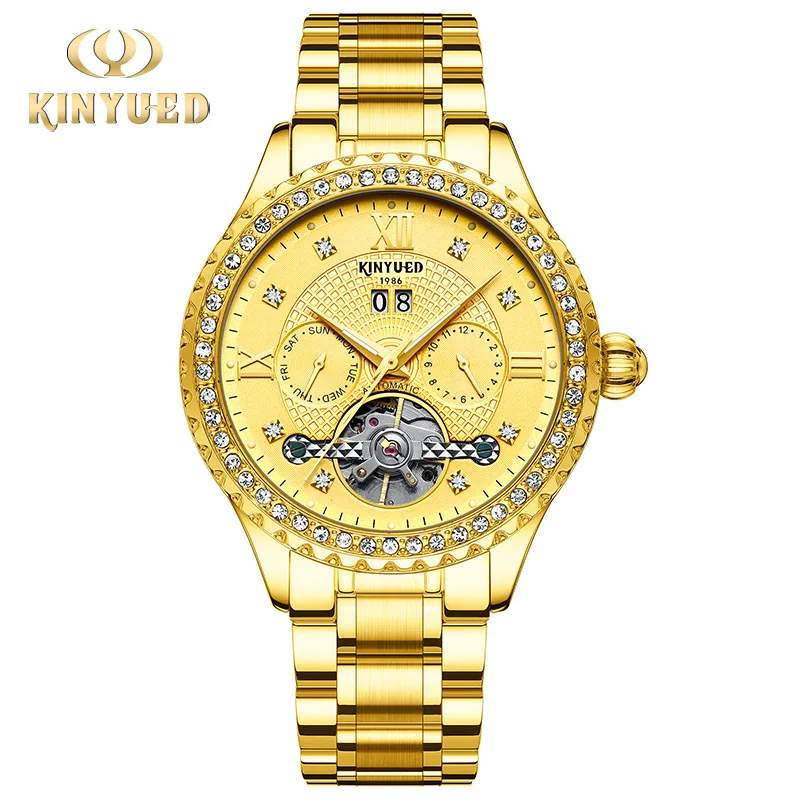 KINYUED الأعمال توربيون ساعة الرجال الذهب ساعات آلية أوتوماتيكية مقاوم للماء العلامة التجارية الأعلى مضيئة الرجال ساعة جديدة Reloj Hombre #5