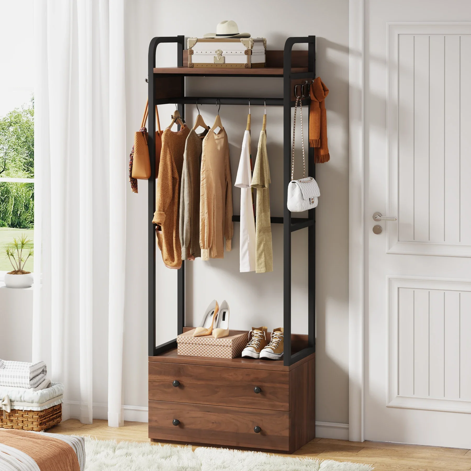 Tribesigns Freestanding Closet Organizer Small Clothes Rack with Drawers and Shelves, Heavy Duty Coat Rack Small Garment Rack