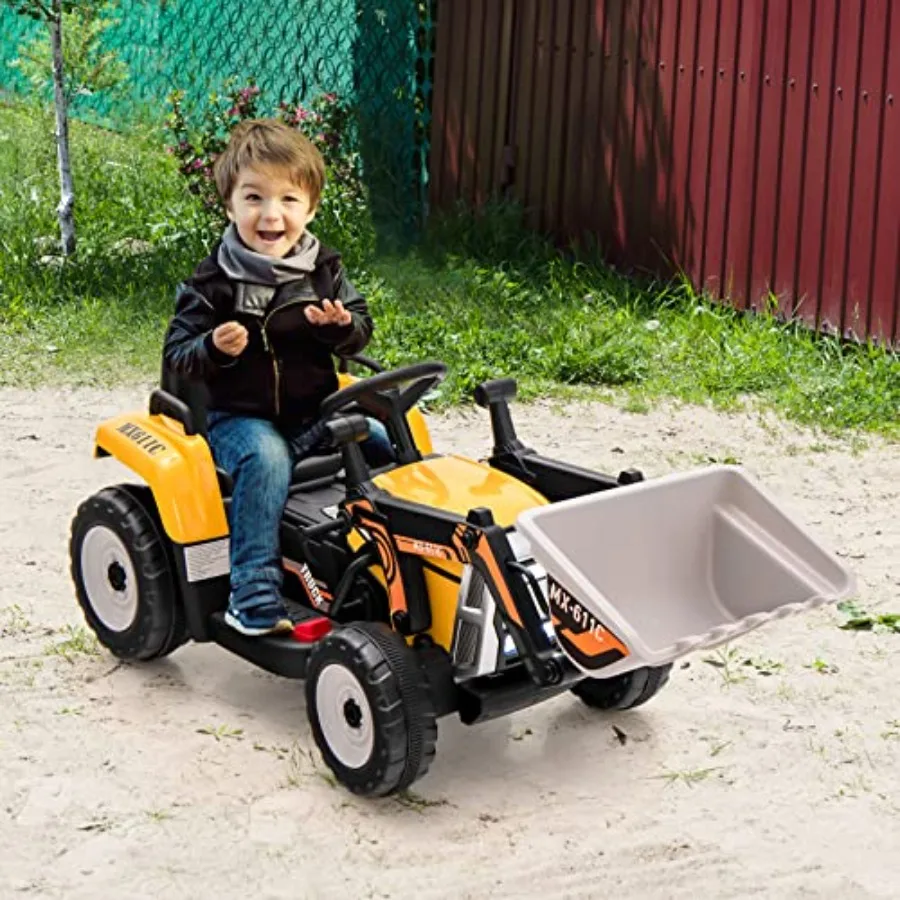 ride-on excavator for outdoor play, ABS plastic body, yellow color, 12V battery with remote control, 3 speeds and adjustable di