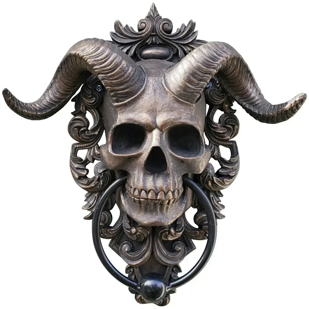 

Skull Sheep Head Resin Wall Pendants Punk Retro Skull Doorknocker Decorative Ornaments Skeleton Sheep Head Statue Home Decor