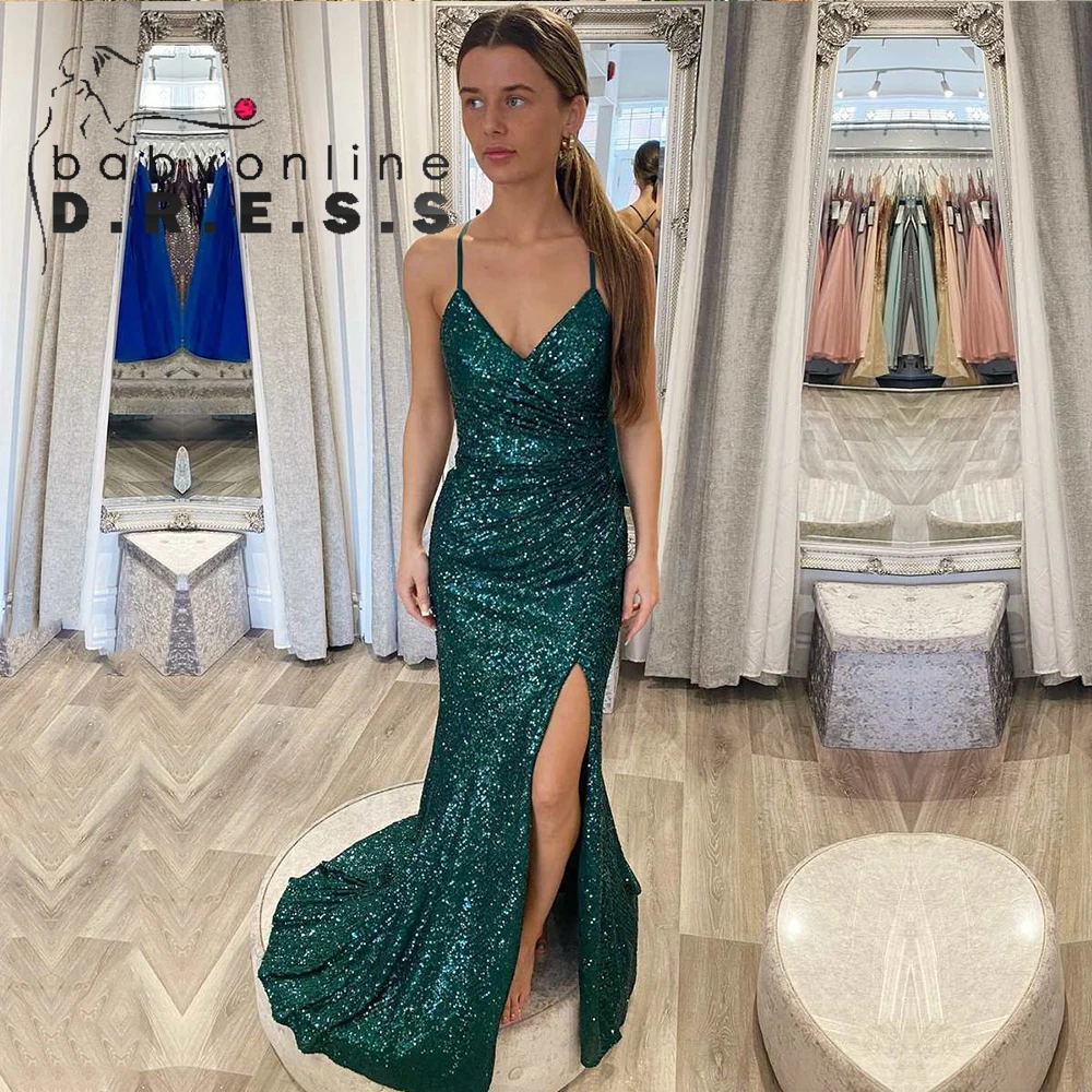BABYONLINE Sexy Prom Gown Thigh-high Split Strappy Sequins All Lace-up on Open Back Floor Sweeping Train Evening Party Dress