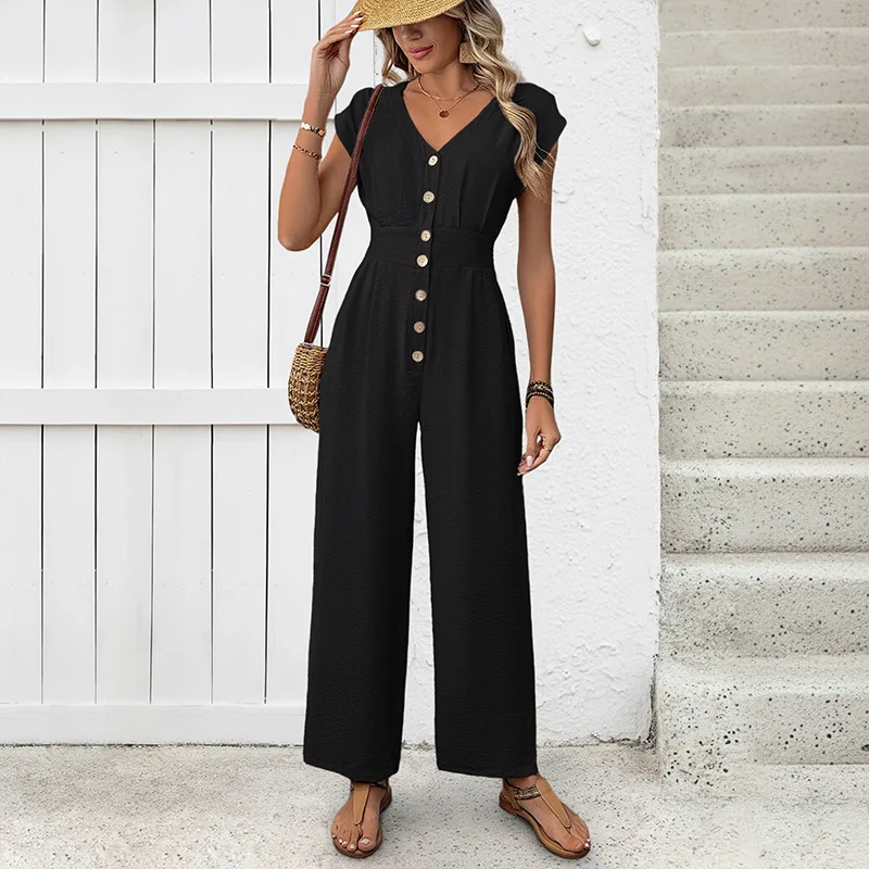 

Женский комбинезон с V-образным вырезом, коротким рукавом, длинными брюками, завышенной талией, в стиле Y2K, уличный повседневный комбинезон для работы 2026