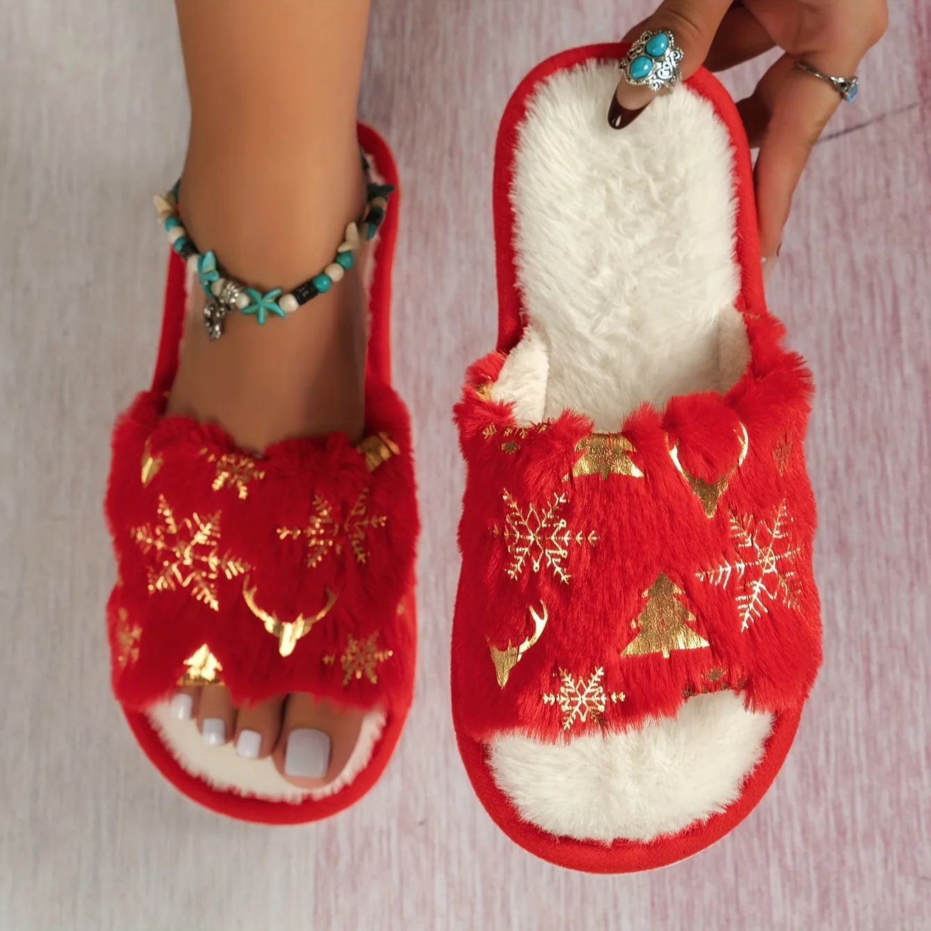 Autumn Winter Women's Christmas Slippers Men Soft Home Bedroom Flat Sandals Female Cute Plush Slides Couple Non-Slip Warm Shoes