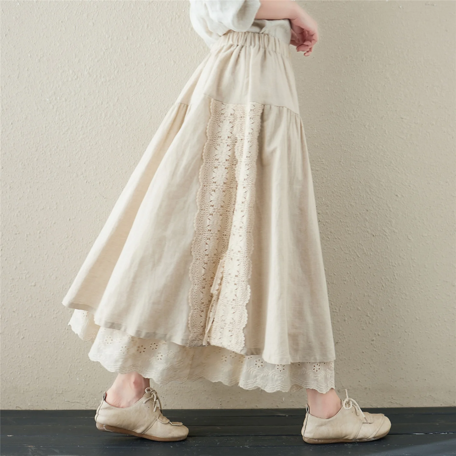

Japanese Sle Linen Lined Belted Midi Skirt Embroidered Heavy Work Elastic Waist A-Line Sweet Skirt Trendy Commute Sle