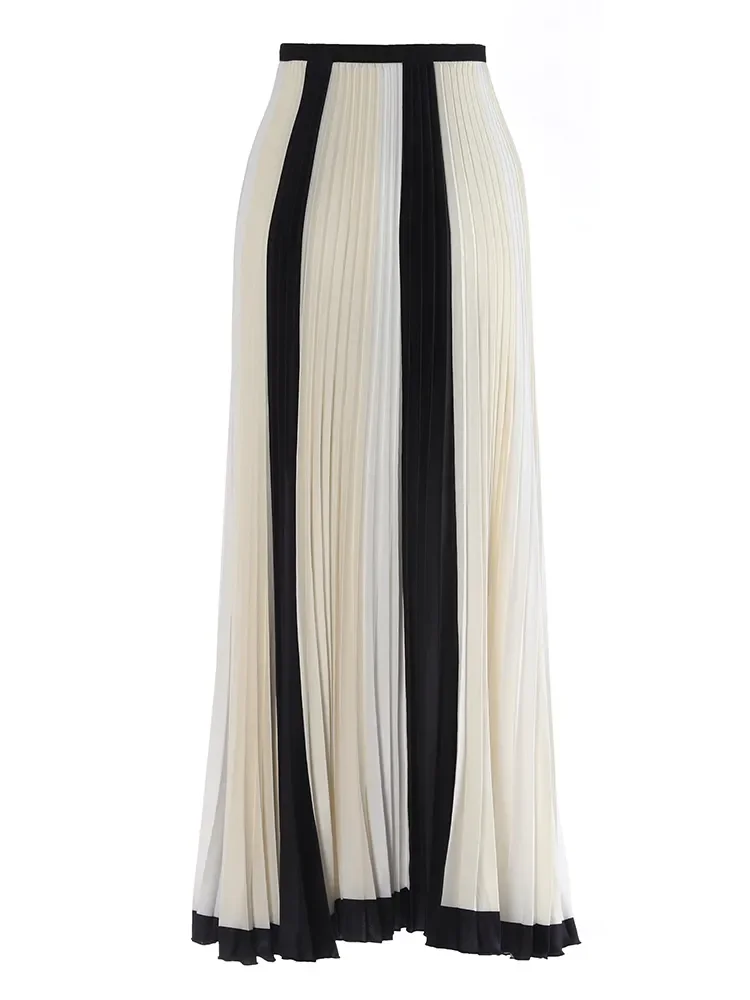 

Draping Contrasting Color Temperament Pleated Skirt New High Waist Skirt Long Skirt