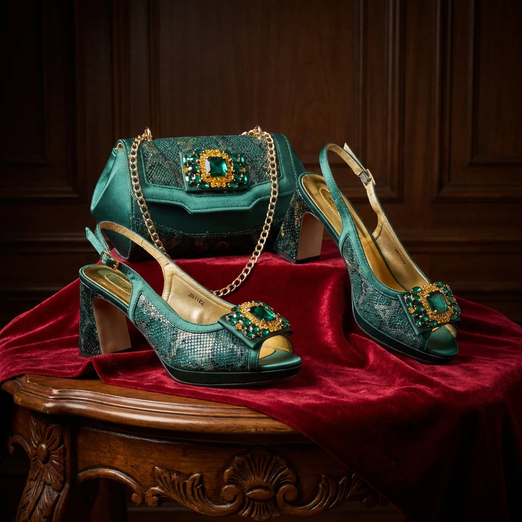 

Fashion Mature Style Green Color Striped Rhinestone Decoation Design Party Wedding Peep Toe Women High Heels Shoes and Bag Set