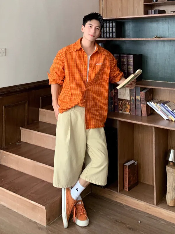 

American Retro Orange Long Sve Plaid irt ex Dopane Spring Summer Sun Protection Casual Sle Polyester Cotton Blend