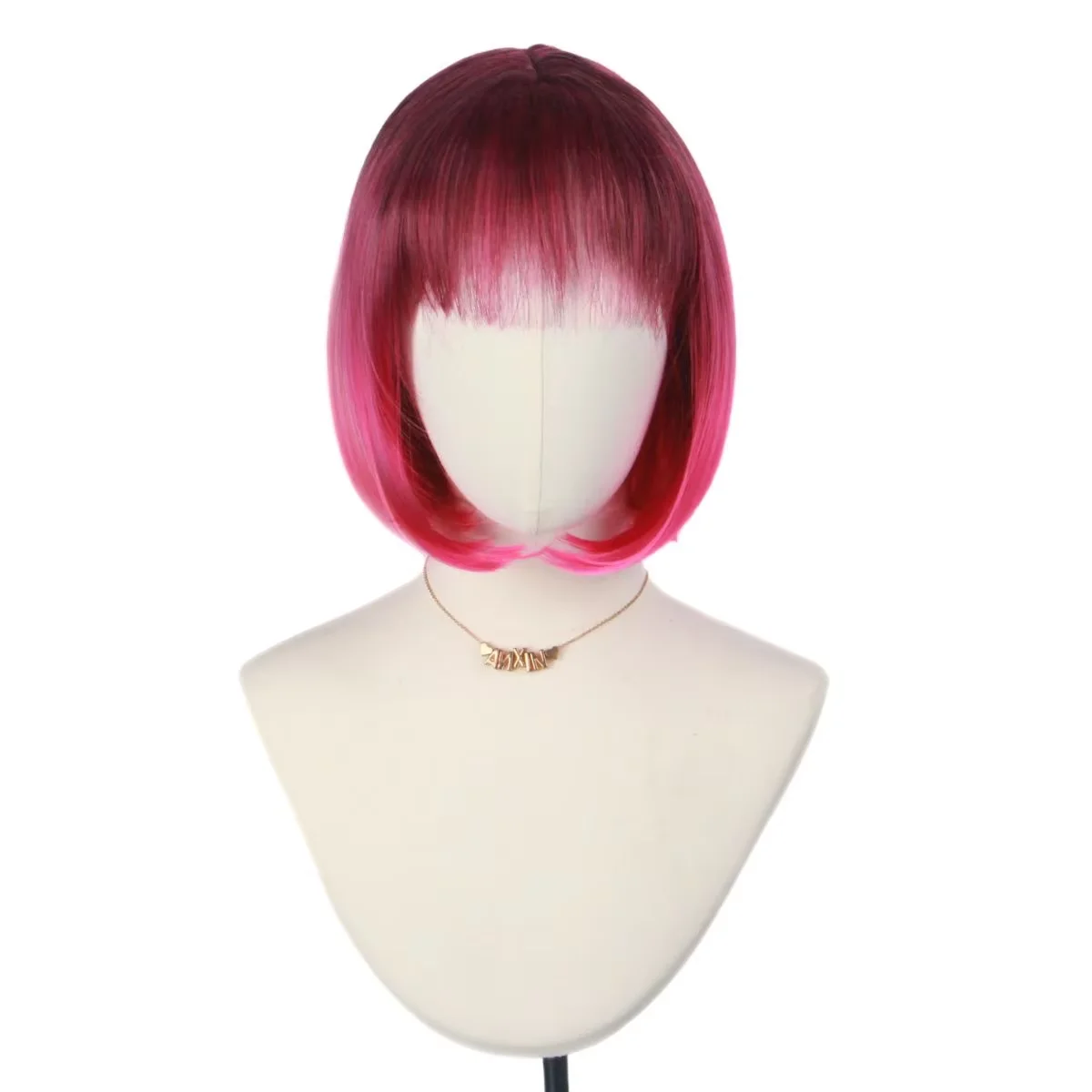Wine Red Pink Ombre Premium Synthetic Fiber Short Bob Wig with Bangs Straight Smooth Glossy Hair Gradient Color Heat Resistant Adjustable Cap for Women Girls Cosplay Party Halloween Costume Role Play Stage Show Photo Shoot