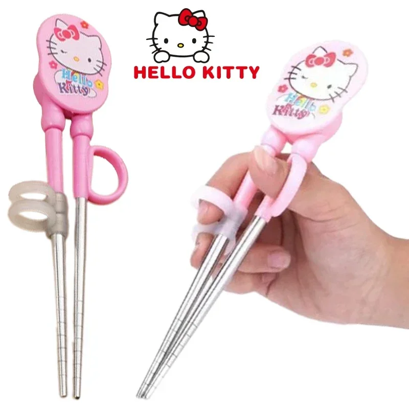 

Anime Sanrio Hello Kitty Children's Chopsticks Cartoon Reusable Stainless Steel Tableware Baby Learning Eat Training Correction