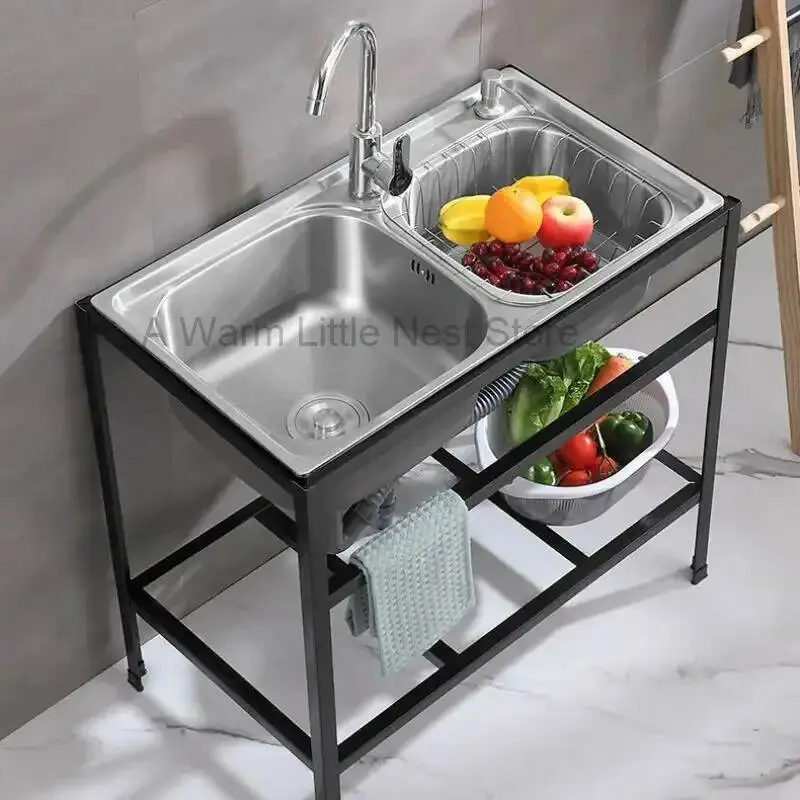 Home Thickened Single Dishwashing Sinks Floor-standing Kitchen Sinks with Bracket Stainless Steel Double Slot Basin with Shelf