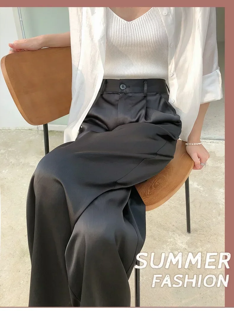 

Ladies Ice Silk Wide Leg Pants Women Summer Thin High Waist Draped Trousers Straight Fashion Streetwear Faux Acetate Satin Pants