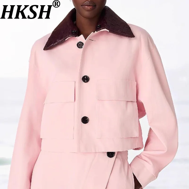 

HKSH Spring Autumn New Women Short Jacket Color Block Turn-down Collar Single Breasted Pockets Elegant Casual Trend Coat HK16973
