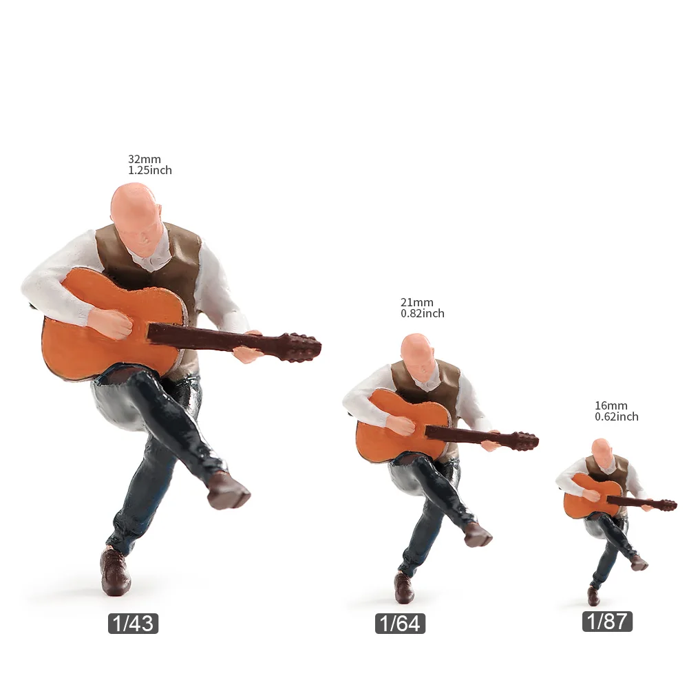 Miniaturmodell 1/24 1/43 1/64 1/87Street Artist sitzt auf einer Parkbank, spielt Gitarre, bemalte Figur, Modellspielzeug, Ansicht, Dekoration