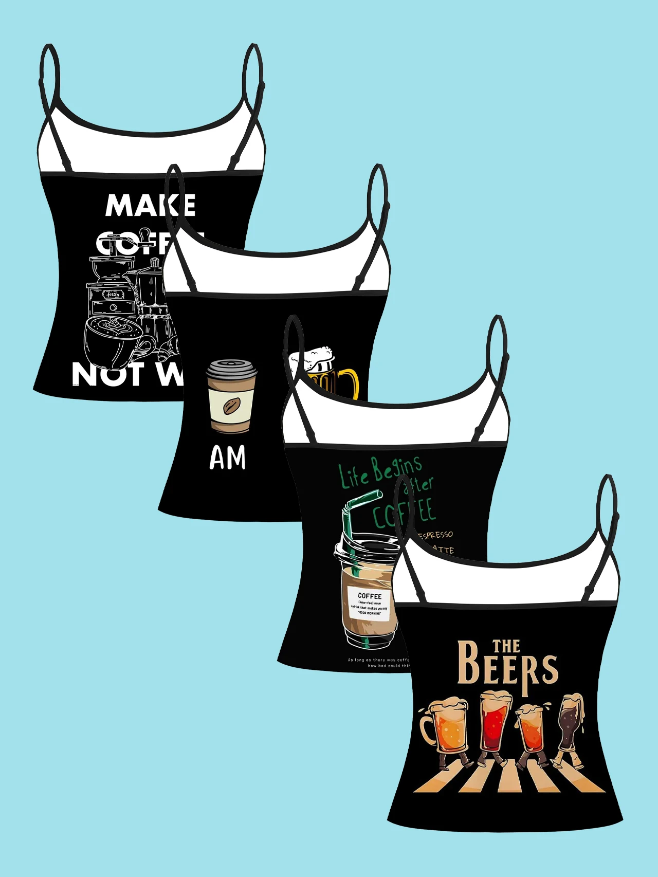 4-Piece Set of American-Style Coffee and Beer Text Print Women's Camisoles, Fun Drink English Slogan Slim-Fit Spaghetti Strap Short Camisole Tops