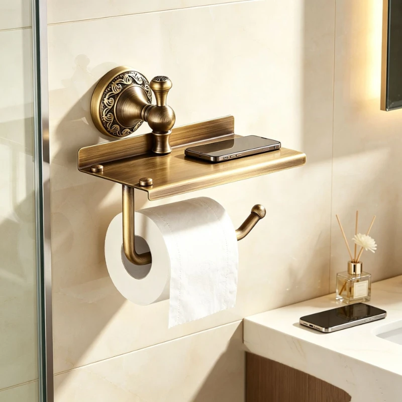 Retro Brass Material Wall-mounted Bathroom Towel Rack with A Top Mobile Storage Shelf and Decoration Bathroom Decoration Item