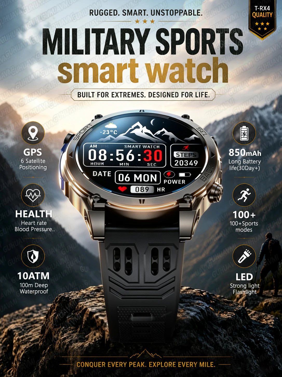 Nowy męski smartwatch wojskowy T-RX 4 z GPS, precyzyjne pozycjonowanie satelitarne 6-satelitarnych systemów, wodoodporność 10ATM, połączenia HD, ponad 170 trybów sportowych, latarka LED. — 2