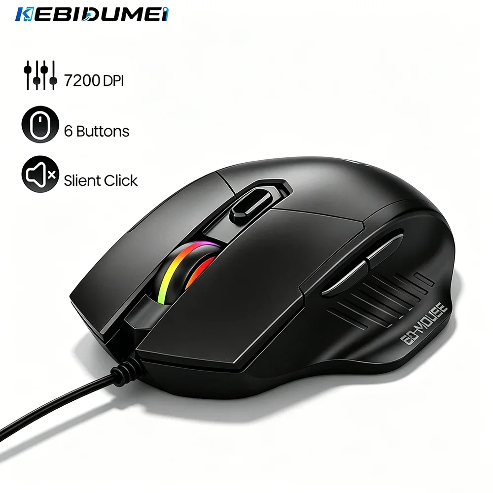 KEBIDUMEI 6 Buttons Wired Gaming Mouse RGB Roller 7200DPI 6 Level Adjustable Ergonomic Mice Silent Mouse For PC Laptop Macbook