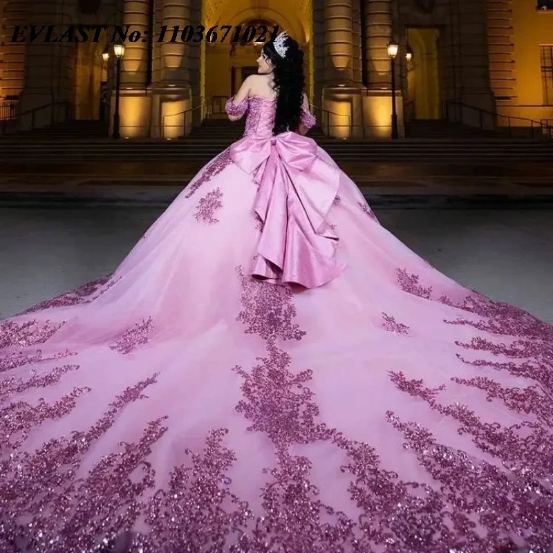 Evlast personalizado lavanda quinnceanera vestido de baile renda applique miçangas espartilho mexicano doce 16 vestidos de 15 anos sq618