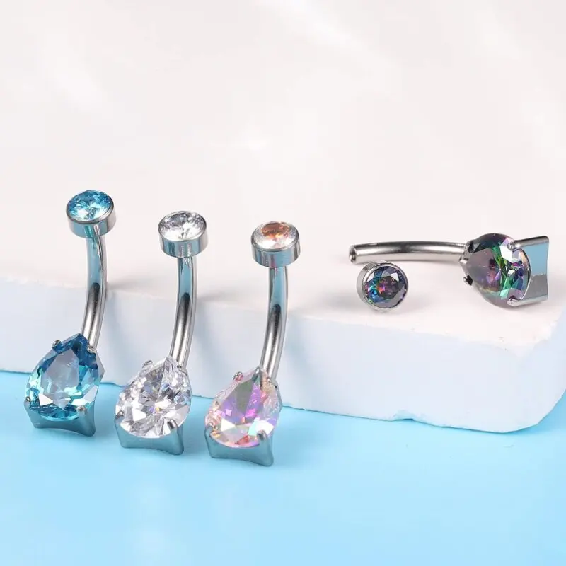 F136 Titanium internal threaded drop water shap zircon  floating navel rings G23 titanium alloy for human body wear